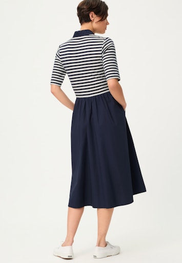 Olsen Ink Midi Dress, Shirt Collar, Part Button Front, Short Sleeve, Striped Bodice & Plain Skirt