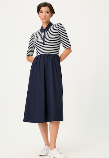 Olsen Ink Midi Dress, Shirt Collar, Part Button Front, Short Sleeve, Striped Bodice & Plain Skirt