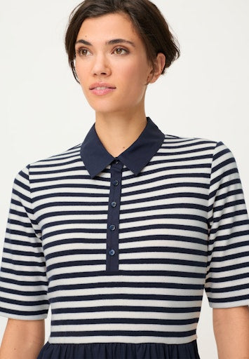 Olsen Ink Midi Dress, Shirt Collar, Part Button Front, Short Sleeve, Striped Bodice & Plain Skirt