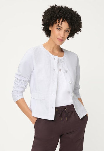 Olsen White Linen Cotton Blend Jacket – Round Neck, Button Front