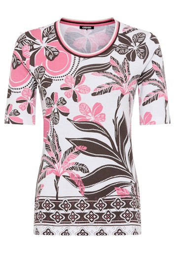Olsen Raspberry Floral Print T-Shirt – Round Neck, Short Sleeve, Stud Detail