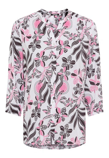 Olsen Raspberry Floral Blouse – Cotton Viscose Blend, V-Neck, 3/4 Sleeve
