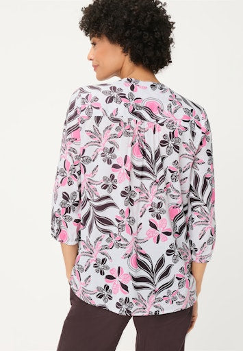 Olsen Raspberry Floral Blouse – Cotton Viscose Blend, V-Neck, 3/4 Sleeve
