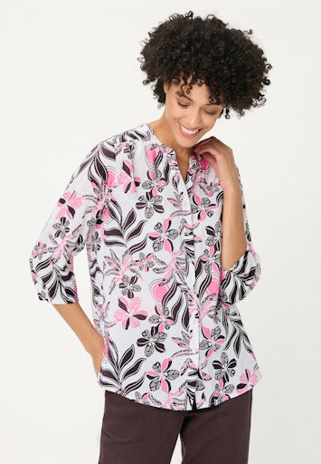Olsen Raspberry Floral Blouse – Cotton Viscose Blend, V-Neck, 3/4 Sleeve