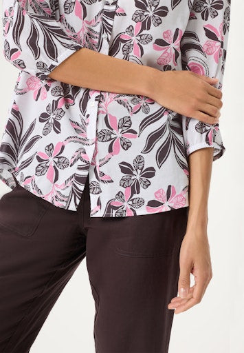 Olsen Raspberry Floral Blouse – Cotton Viscose Blend, V-Neck, 3/4 Sleeve