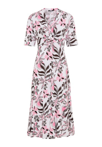 Olsen Raspberry Floral & Leaf Midi Dress – Viscose Blend, Buckle Detail
