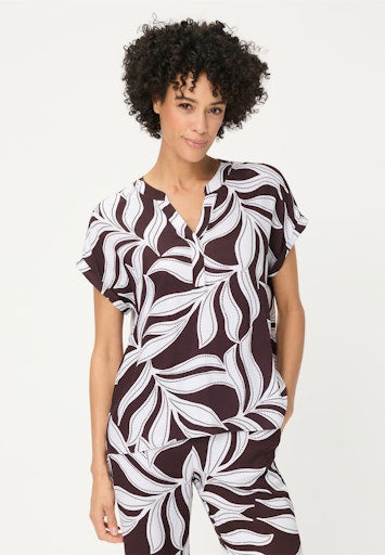 Olsen Dark Brown Leaf Print Viscose Top – Short Sleeve, V-Neck Tunic Style