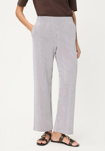 Olsen Brown & White Stripe Wide Leg Trousers with Elasticated Waist, Side Pockets