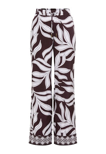 Olsen Dark Brown Leaf Print Wide Leg Trousers with Elasticated Drawstring Waist 