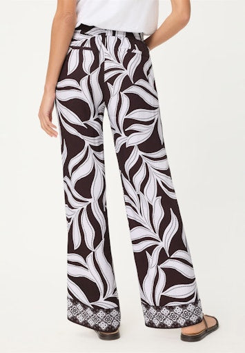 Olsen Dark Brown Leaf Print Wide Leg Trousers with Elasticated Drawstring Waist 