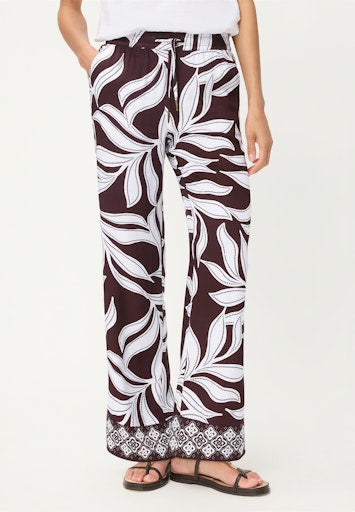 Olsen Dark Brown Leaf Print Wide Leg Trousers with Elasticated Drawstring Waist 