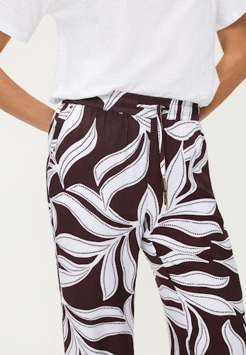 Olsen Dark Brown Leaf Print Wide Leg Trousers with Elasticated Drawstring Waist 