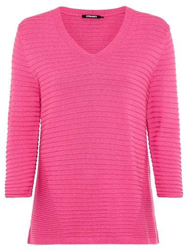 Olsen Fuchsia V-Neck Textured Knit Sweater with 3/4 Sleeves
