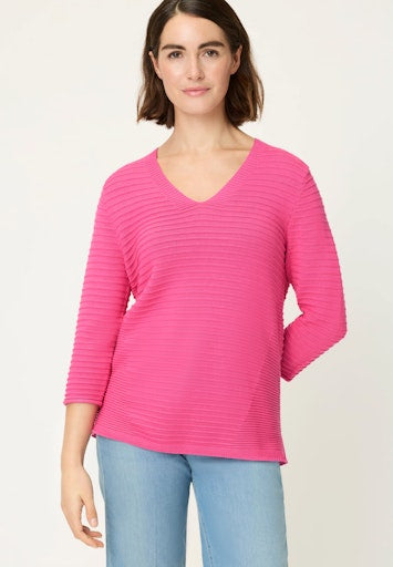 Olsen Fuchsia V-Neck Textured Knit Sweater with 3/4 Sleeves 11004816