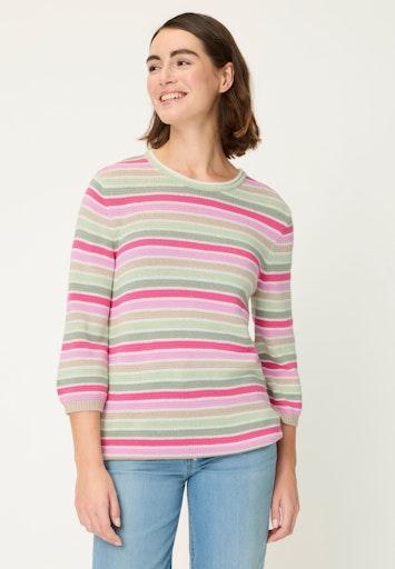 Olsen Fuchsia & Green Stripe Sweater with Crew Neck and 3/4 Sleeves