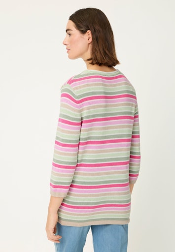 Olsen Fuchsia & Green Stripe Sweater with Crew Neck and 3/4 Sleeves