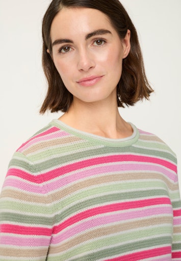 Olsen Fuchsia & Green Stripe Sweater with Crew Neck and 3/4 Sleeves