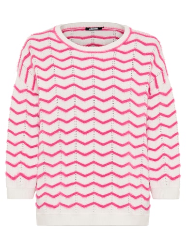 Olsen Fuchsia & White Faux Fur Chevron Sweater, Round Neck and 3/4 Sleeves