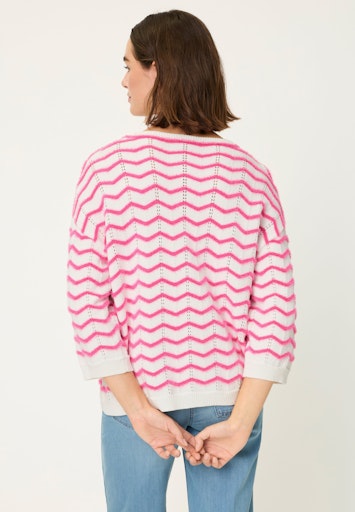 Olsen Fuchsia & White Faux Fur Chevron Sweater, Round Neck and 3/4 Sleeves