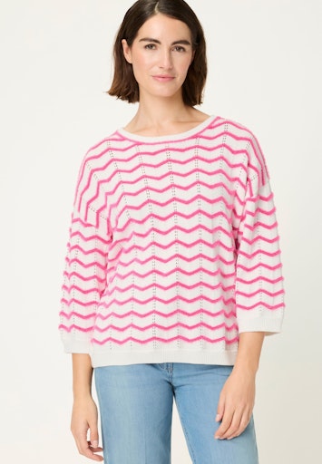 Olsen Fuchsia & White Faux Fur Chevron Sweater, Round Neck and 3/4 Sleeves