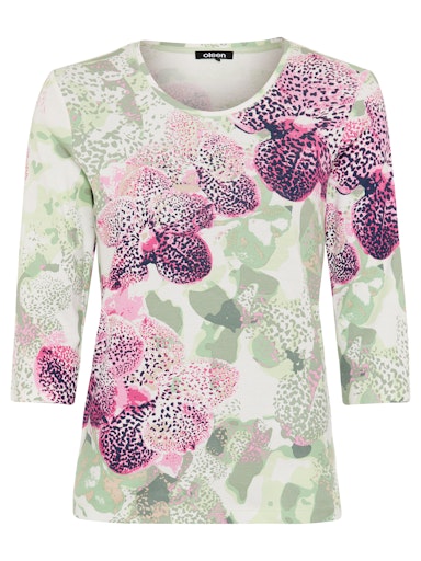 Olsen Floral Print Cotton T-Shirt with Round Neck, 3/4 Sleeves 