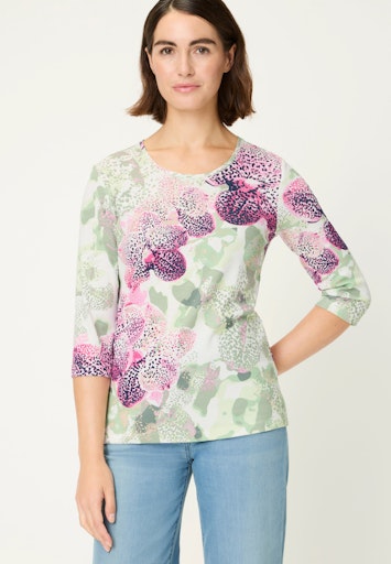 Olsen Floral Print Cotton T-Shirt with Round Neck, 3/4 Sleeves 11105289