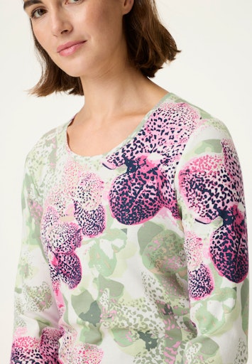 Olsen Floral Print Cotton T-Shirt with Round Neck, 3/4 Sleeves 11105289
