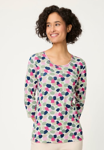 Olsen Multi-Colour Print Cotton T-Shirt with Round Neck, 3/4 Sleeves 11105354