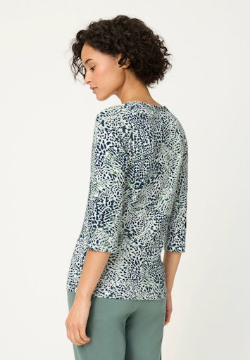 Olsen Navy Print Cotton Stretch T-Shirt with V-Neck, 3/4 Sleeves, Figure-Skimming Fit 11105286