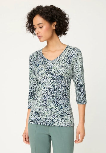 Olsen Navy Print Cotton Stretch T-Shirt with V-Neck, 3/4 Sleeves, Figure-Skimming Fit 11105286