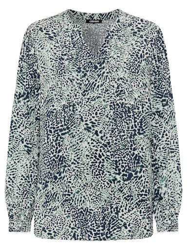 Olsen Navy Print V-Neck Loose Fit Top with Long Sleeves & Shirred Cuffs 12002184