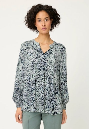 Olsen Navy Print V-Neck Loose Fit Top with Long Sleeves & Shirred Cuffs 12002184