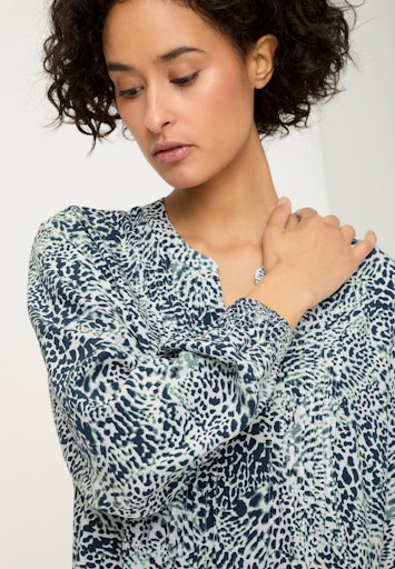 Olsen Navy Print V-Neck Loose Fit Top with Long Sleeves & Shirred Cuffs 12002184