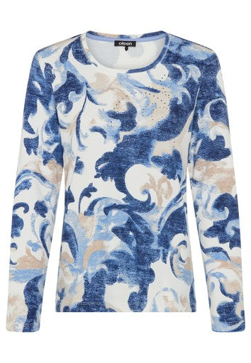Olsen Blue Patterned Long Sleeve T-Shirt with Rhinestone Detail