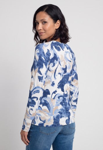 Olsen Blue Patterned Long Sleeve T-Shirt with Rhinestone Detail