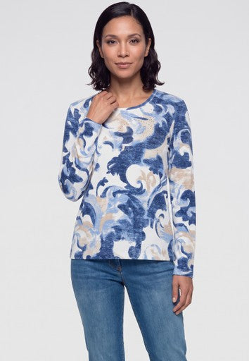 Olsen Blue Patterned Long Sleeve T-Shirt with Rhinestone Detail