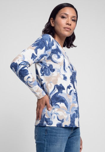 Olsen Blue Patterned Long Sleeve T-Shirt with Rhinestone Detail