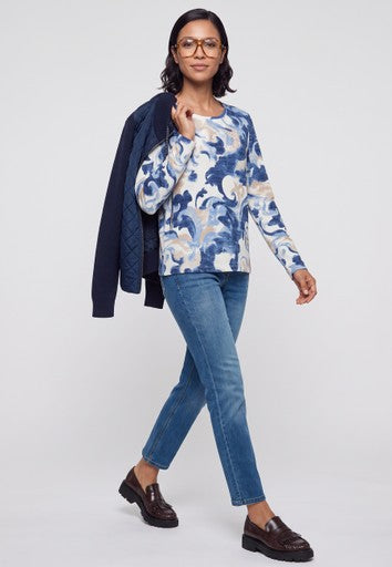 Olsen Blue Patterned Long Sleeve T-Shirt with Rhinestone Detail