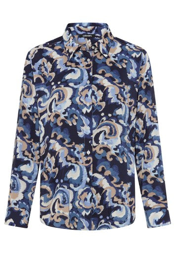 Olsen Blue Patterned Shirt Blouse – Long Sleeve Cotton Blend