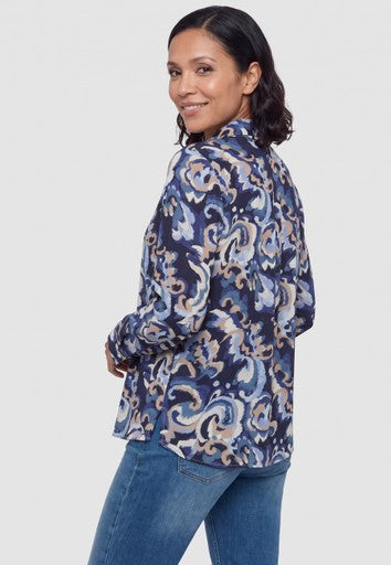 Olsen Blue Patterned Shirt Blouse – Long Sleeve Cotton Blend
