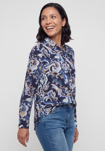 Olsen Blue Patterned Shirt Blouse – Long Sleeve Cotton Blend