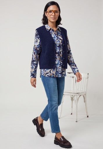 Olsen Blue Patterned Shirt Blouse – Long Sleeve Cotton Blend