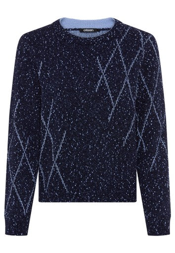 Olsen Ink Blue Diamond Pattern Crew Neck Sweater with Ribbed Trims