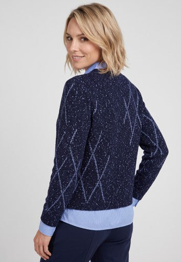 Olsen Ink Blue Diamond Pattern Crew Neck Sweater with Ribbed Trims