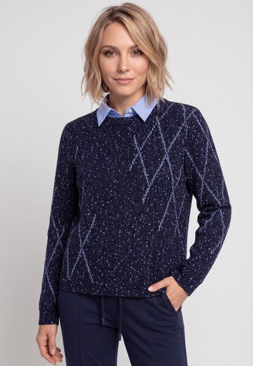 Olsen Ink Blue Diamond Pattern Crew Neck Sweater with Ribbed Trims