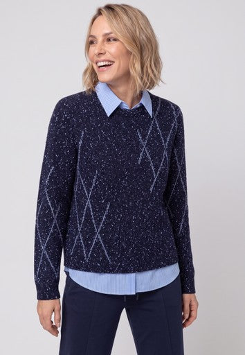 Olsen Ink Blue Diamond Pattern Crew Neck Sweater with Ribbed Trims