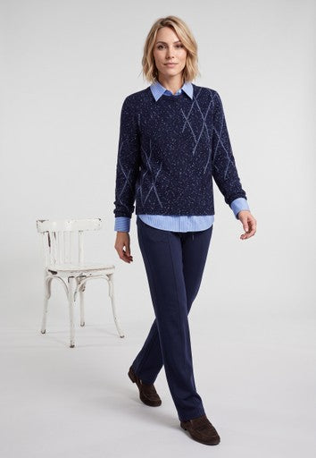 Olsen Ink Blue Diamond Pattern Crew Neck Sweater with Ribbed Trims