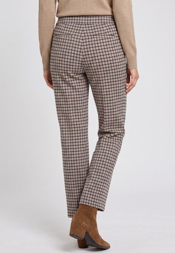 Olsen Hazelnut Check Straight Leg Trousers with Elasticated Waistband