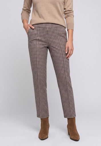 Olsen Hazelnut Check Straight Leg Trousers with Elasticated Waistband