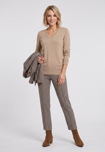 Olsen Hazelnut Check Straight Leg Trousers with Elasticated Waistband